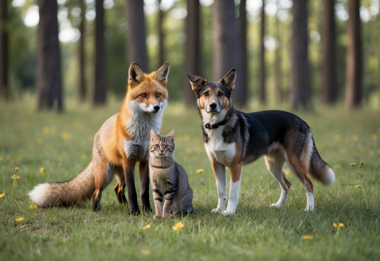 A fox, a cat, and a dog standing together in a peaceful forest clearing