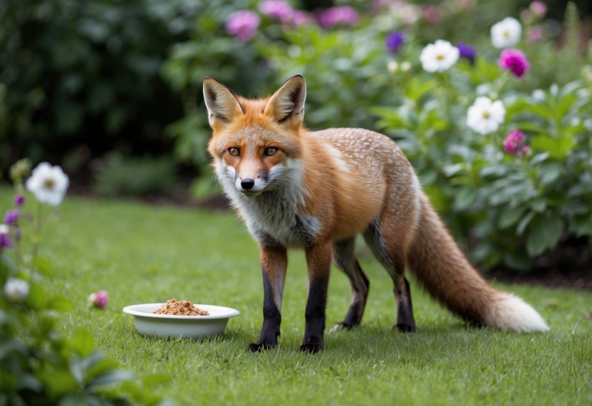 A fox stands in a lush garden, surrounded by flowers and foliage. A small dish of food is placed on the ground, with the fox cautiously approaching it