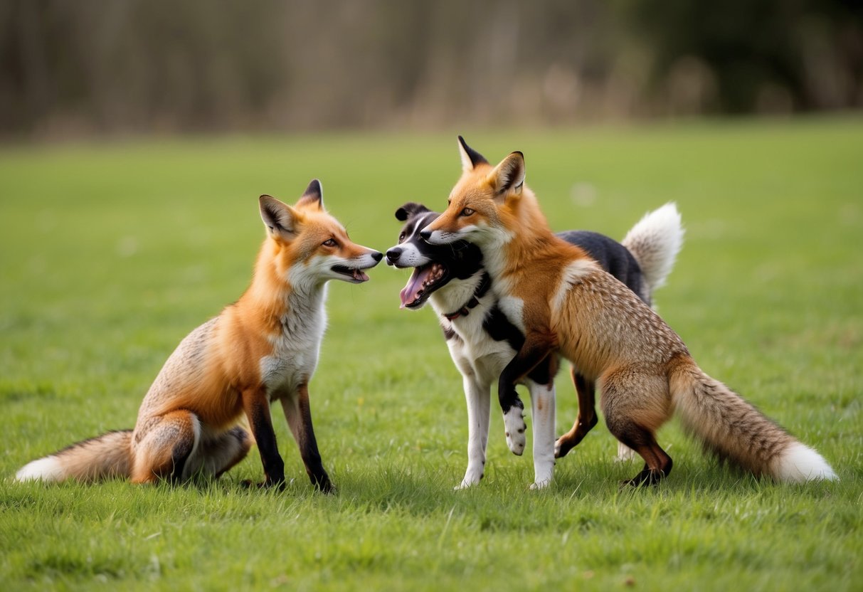 Two foxes and a dog playfully interact in a grassy field, showing signs of mutual comfort and trust