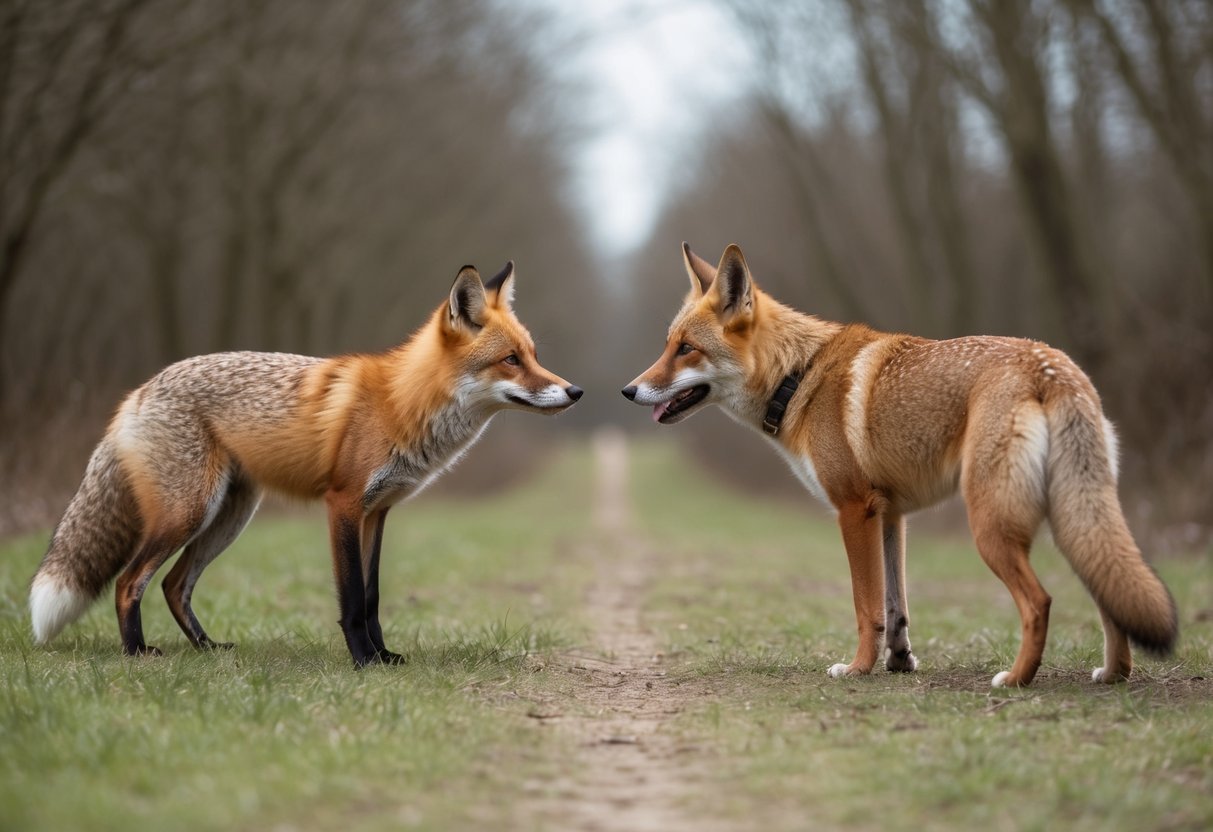 A fox and a dog cautiously approach each other in a peaceful, natural setting, with a clear, open space between them