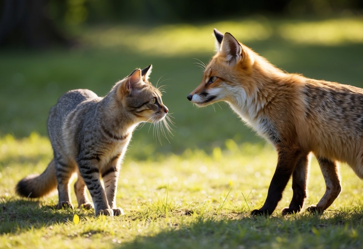 A curious cat cautiously approaches a fox in a sun-dappled clearing, their eyes locked in a moment of mutual intrigue