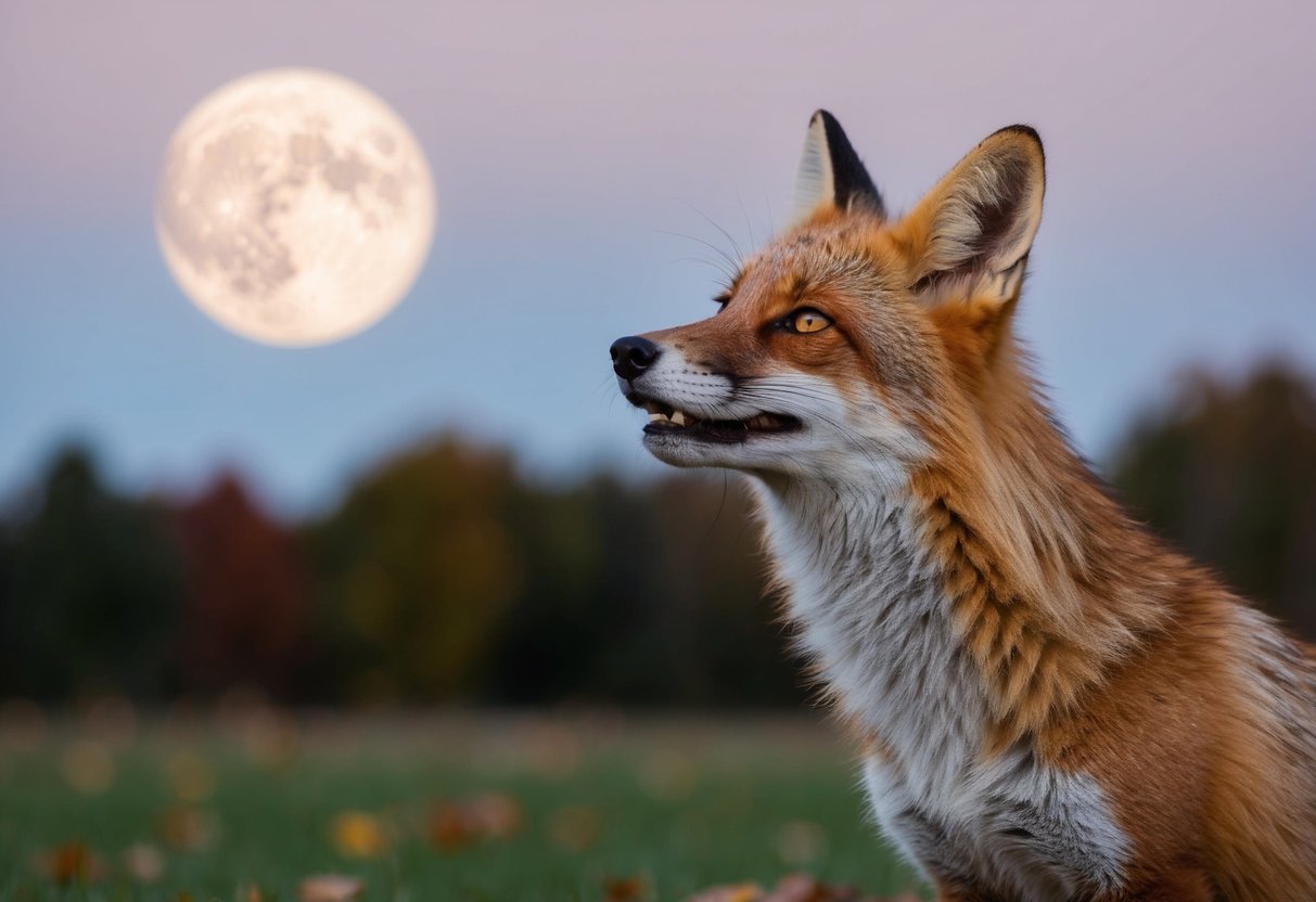 A fox howls under the full moon in October