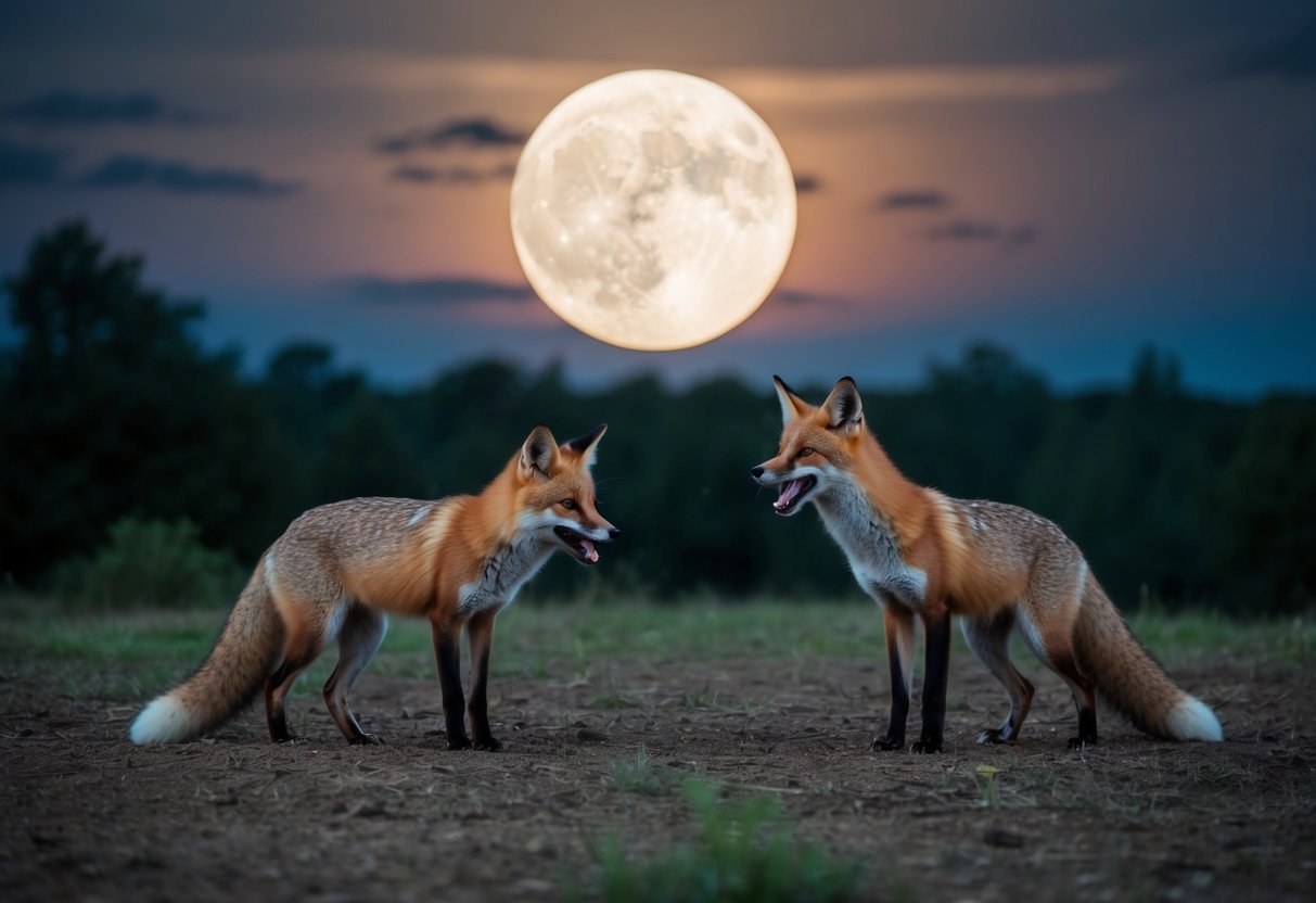 A full moon illuminates a forest clearing as a pair of foxes emit high-pitched screams, their silhouettes outlined against the night sky