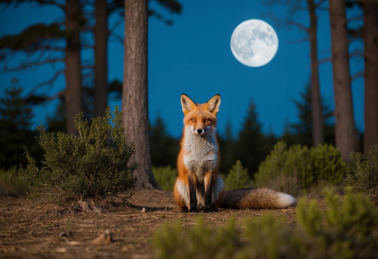 A fox sitting in a forest clearing, surrounded by tall trees and bushes. The moon is full and bright in the night sky, casting a silvery glow over the scene