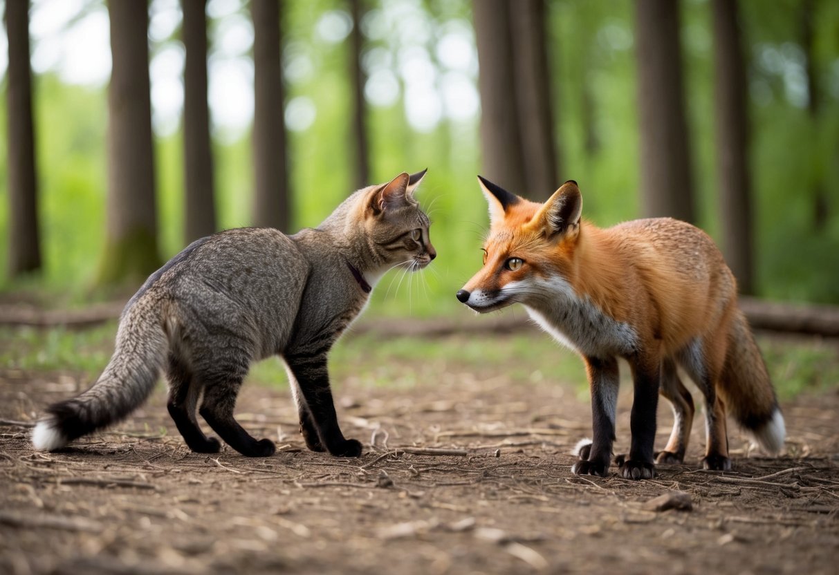 A curious cat cautiously approaches a wary fox in a forest clearing. The fox eyes the cat warily, while the cat arches its back defensively