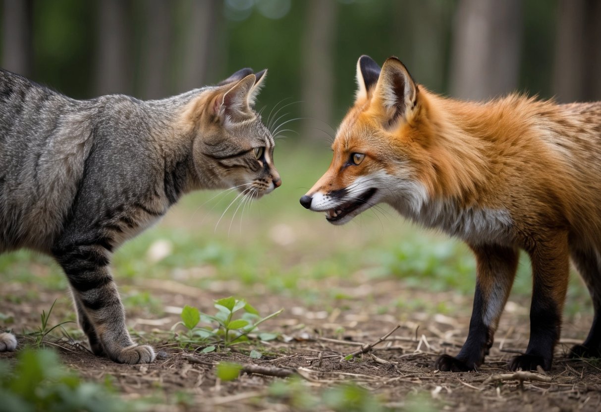A cat and a fox face each other, their bodies tense with caution, as they cautiously approach one another in a forest clearing