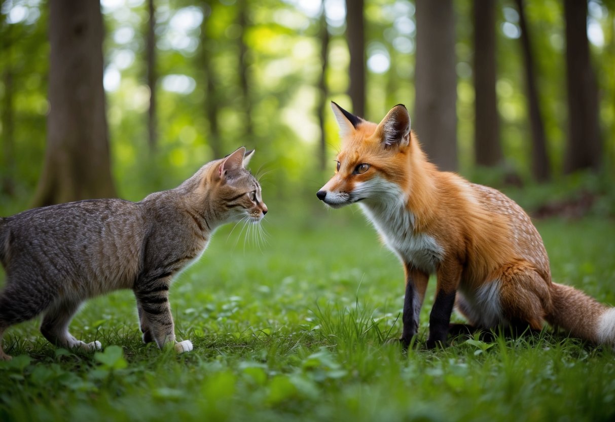 A cat cautiously eyes a curious fox in a lush, diverse forest