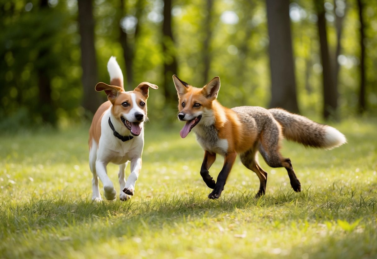 A dog and a fox playfully chase each other through a sun-dappled forest clearing, their tails wagging and their tongues lolling in excitement