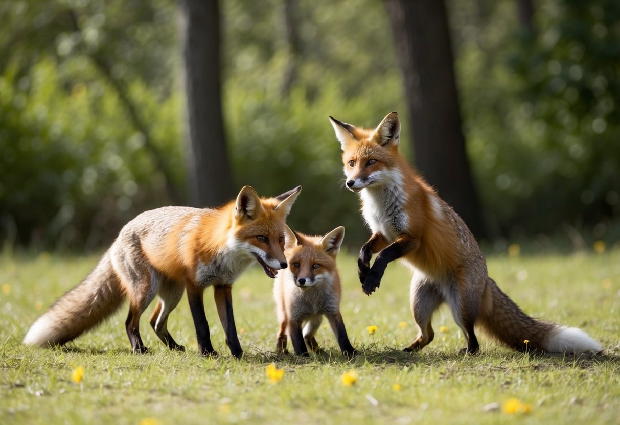 A fox family plays in a sunlit forest clearing, their playful antics showing their curiosity and intelligence