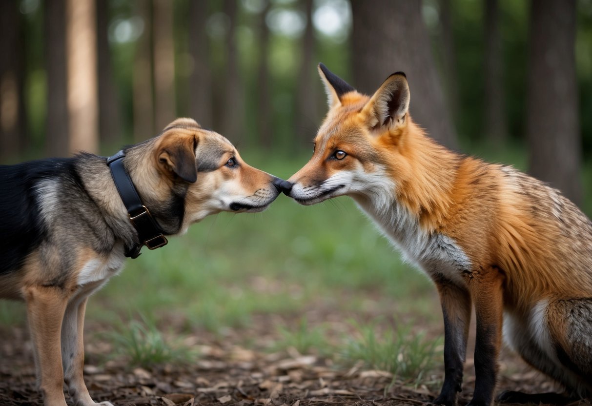 A dog and a fox cautiously sniff each other in a forest clearing, their curious eyes meeting as they consider the possibility of mating