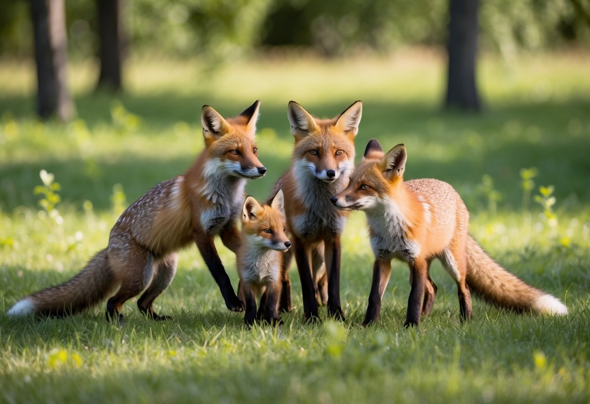 A fox family plays in a sun-dappled forest clearing, their playful antics and gentle interactions portraying their complex and endearing nature