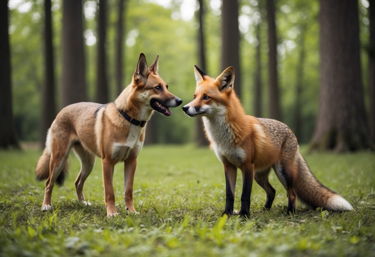 A dog and fox stand face to face in a lush forest clearing, their bodies relaxed and tails wagging as they interact with each other