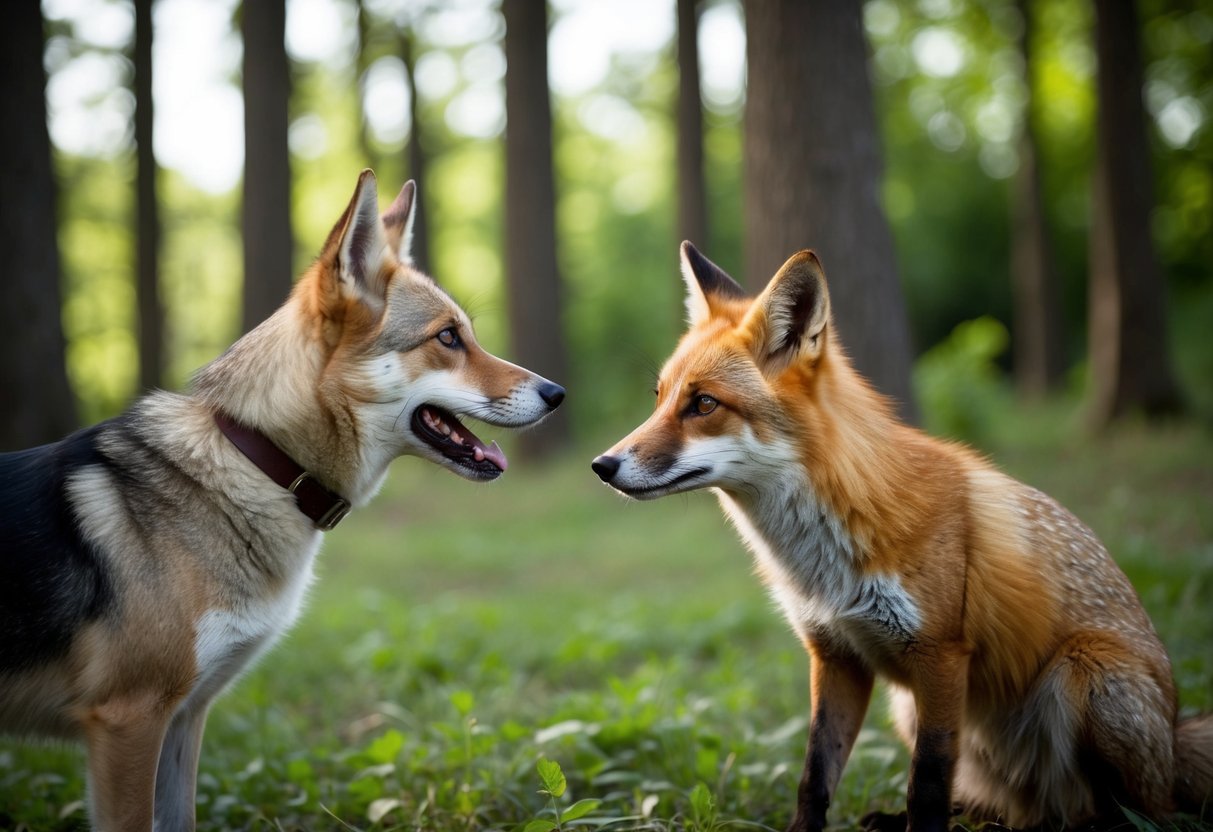 A dog and fox face each other in a forest clearing, their curious expressions hinting at the possibility of an unusual encounter