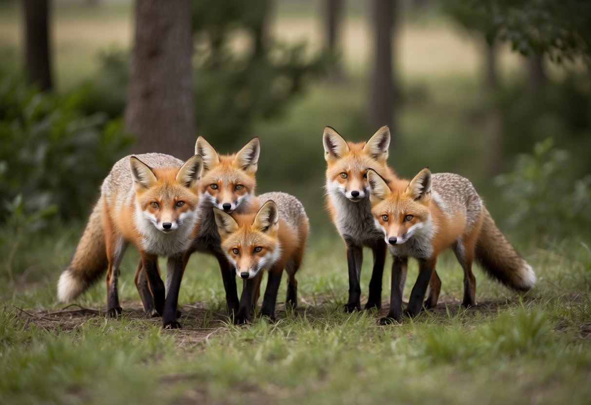 A family of foxes playfully explores a lush forest, their sleek coats blending with the earthy tones of the landscape