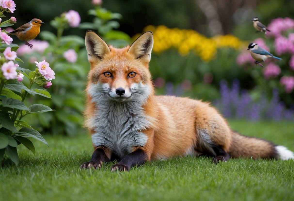 A fox lounges in a lush garden, surrounded by blooming flowers and chirping birds