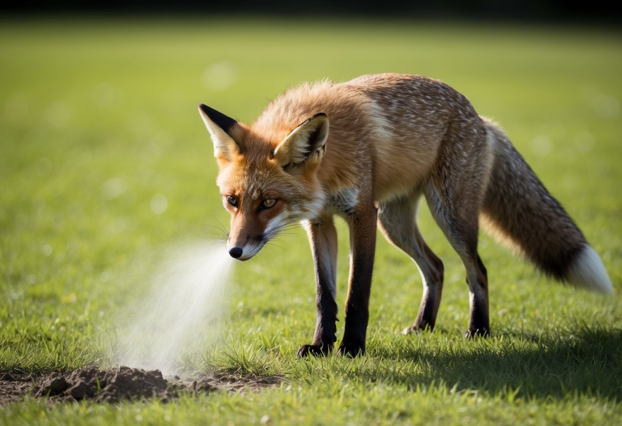 A fox sniffs at a patch of grass where human urine has been sprayed, then recoils and turns away