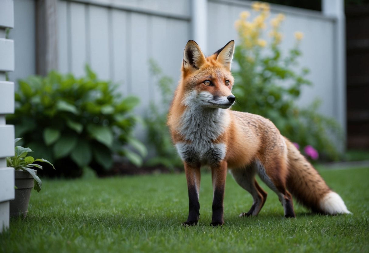 A fox lounges in a backyard, its alert eyes scanning the area. It stands near a lush garden, seemingly at ease in its surroundings