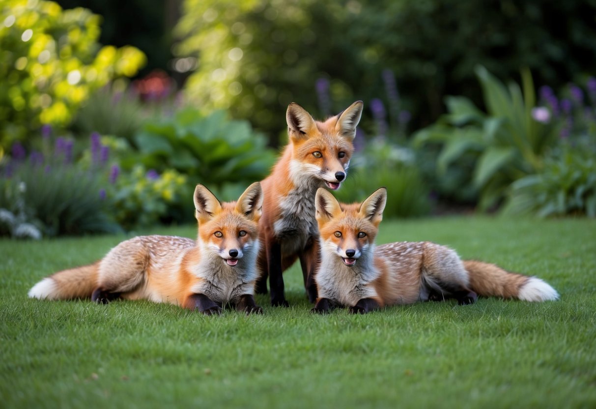 A fox family lounges in a lush garden, their playful antics bringing joy to the surrounding wildlife
