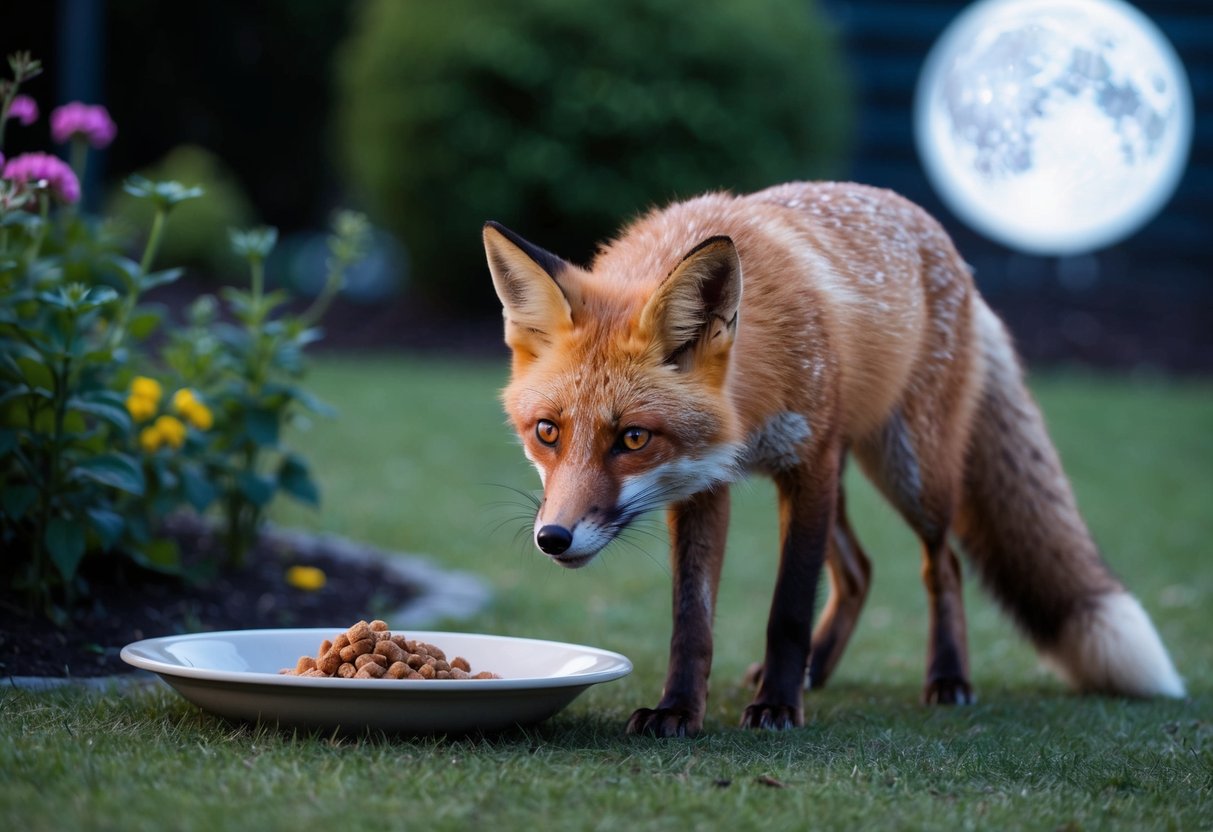 A fox cautiously approaches a dish of food left out in a moonlit garden