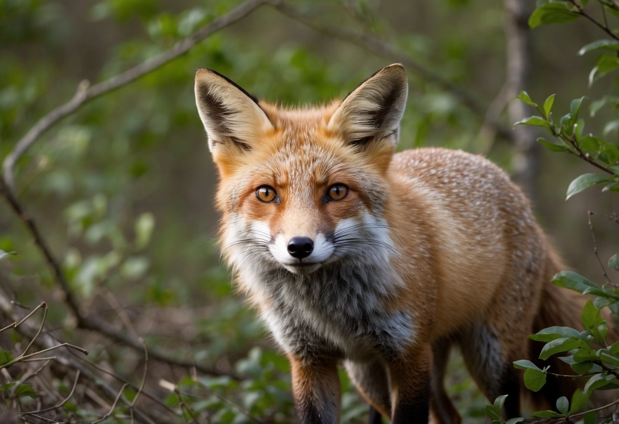 A fox cautiously emerges from a thicket, ears alert, eyes focused