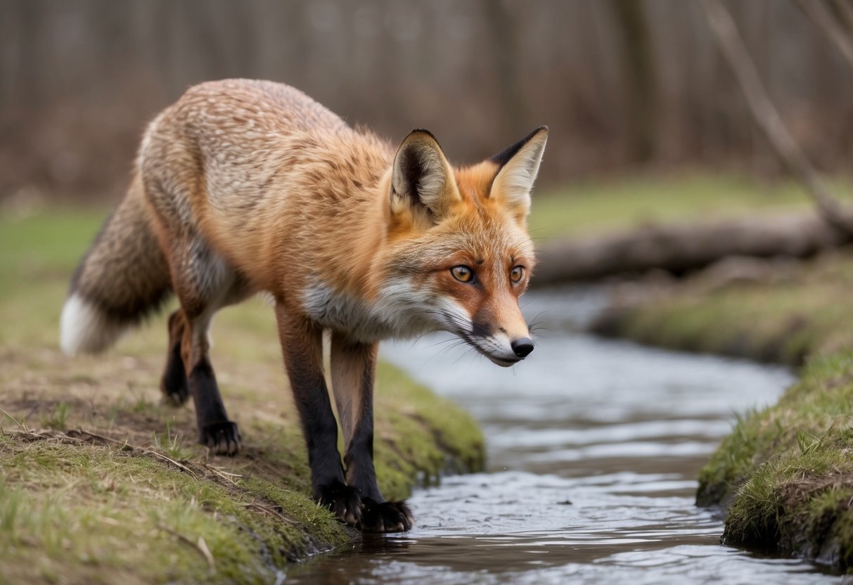 A fox cautiously approaches a small stream, its ears perked up and eyes alert as it scouts for potential prey or predators