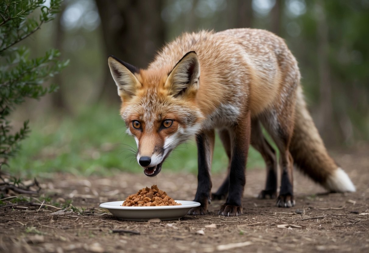 A fox eagerly approaches a dish of food left out in a natural setting, surrounded by trees and bushes. The fox's eyes are bright with curiosity and hunger as it sniffs the offering