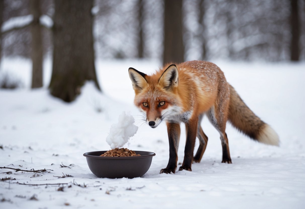 A red fox cautiously approaches a bowl of food left out in a snowy woodland clearing, its breath visible in the cold air