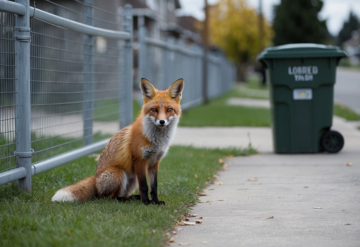 A fox cautiously observes its surroundings, while a fence and locked trash bin indicate safety measures in a suburban neighborhood