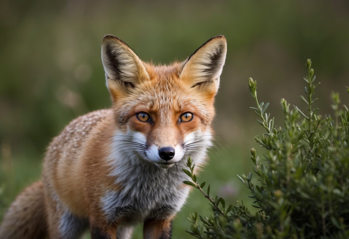 A fox cautiously peers out from behind a bush, its ears perked and eyes alert, ready to dart away at the slightest sign of danger