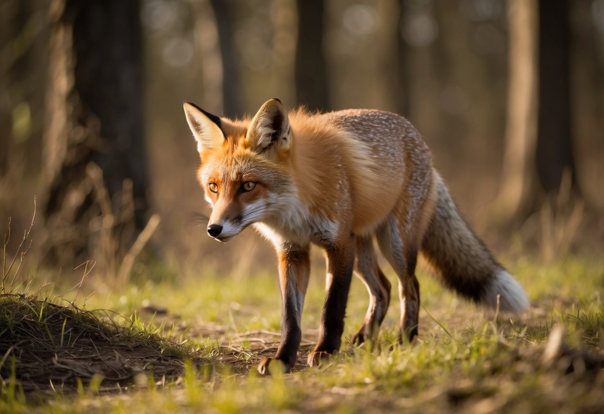 A fox cautiously emerges from the woods, its keen eyes scanning the surroundings as it sniffs the air. The golden sunlight bathes the scene in a warm glow, creating a peaceful and harmonious atmosphere