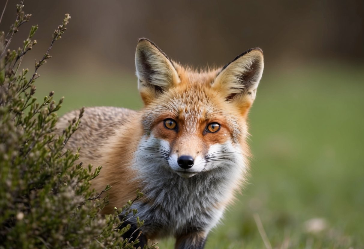 A fox cautiously peers out from behind a bush, its ears perked up and its eyes alert, as it surveys its surroundings