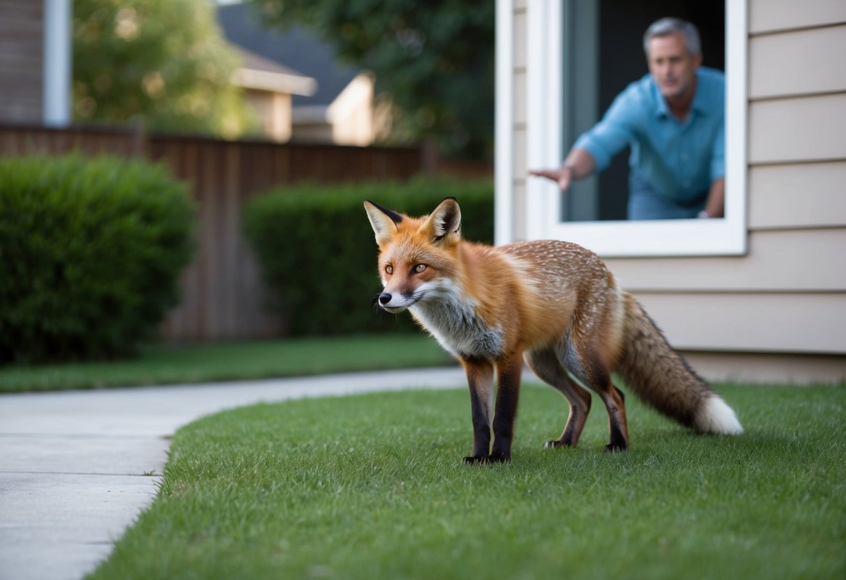 A fox cautiously approaching a suburban backyard, with a concerned homeowner watching from a safe distance through a window