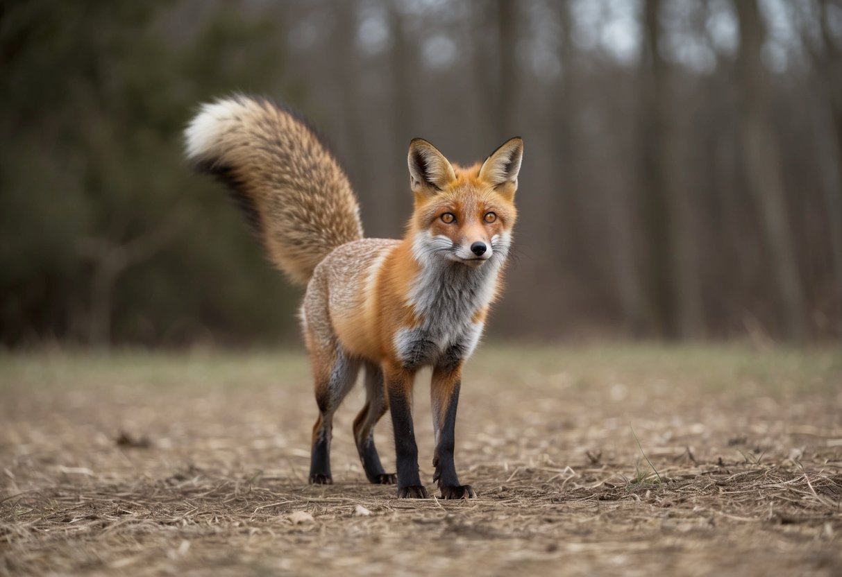 A fox standing alert in a clearing, its bushy tail held high as it watches the surroundings with bright, curious eyes