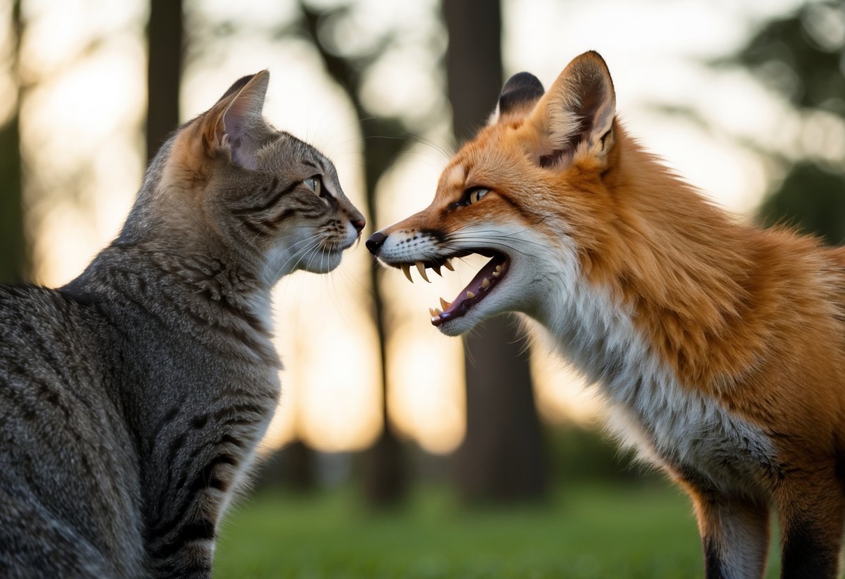 A cat hisses and arches its back, facing a fox with raised fur and bared teeth