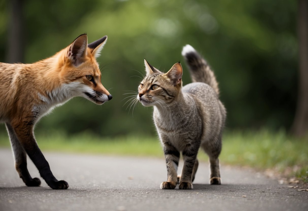 A cat arches its back and hisses at a fox approaching with a curious expression. The fox pauses, ears perked, before cautiously backing away