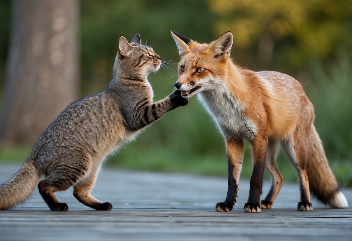 A cat hissing at a fox, with arched back and raised fur, ready to pounce