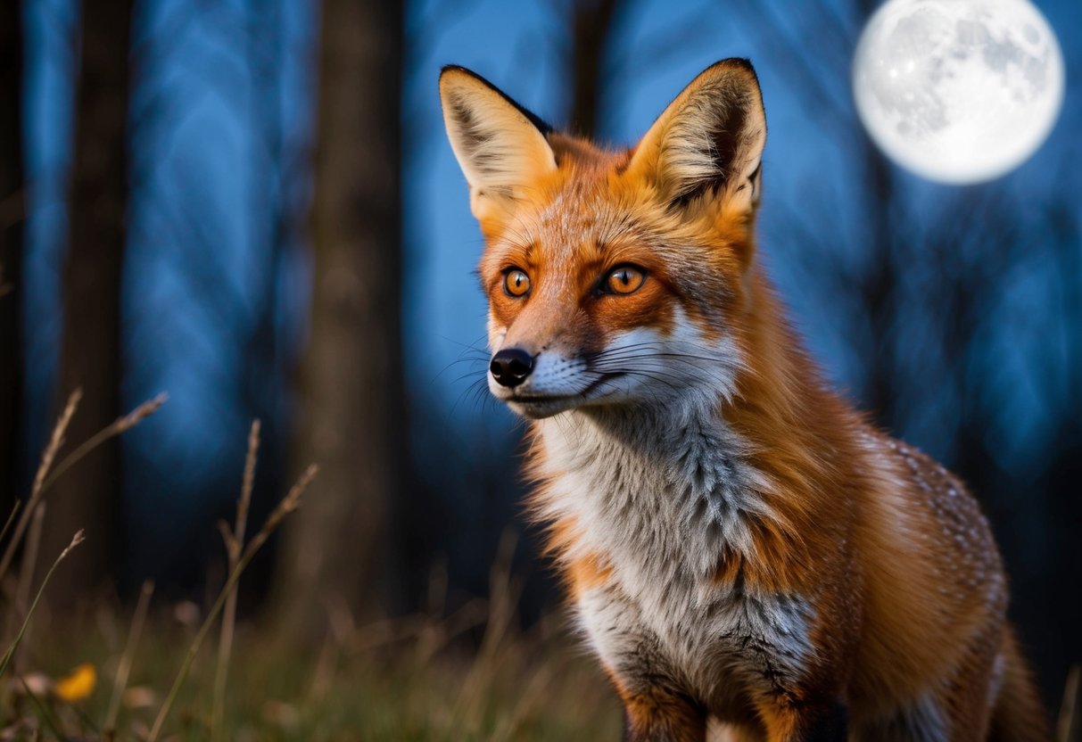 A red fox standing in a moonlit forest, its eyes glinting with curiosity and intelligence as it surveys its surroundings