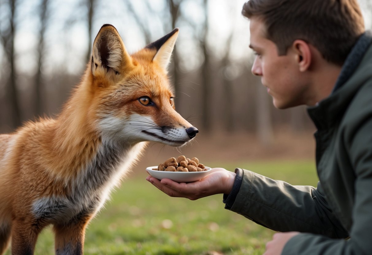A fox cautiously approaches a human offering food, eyeing them with suspicion