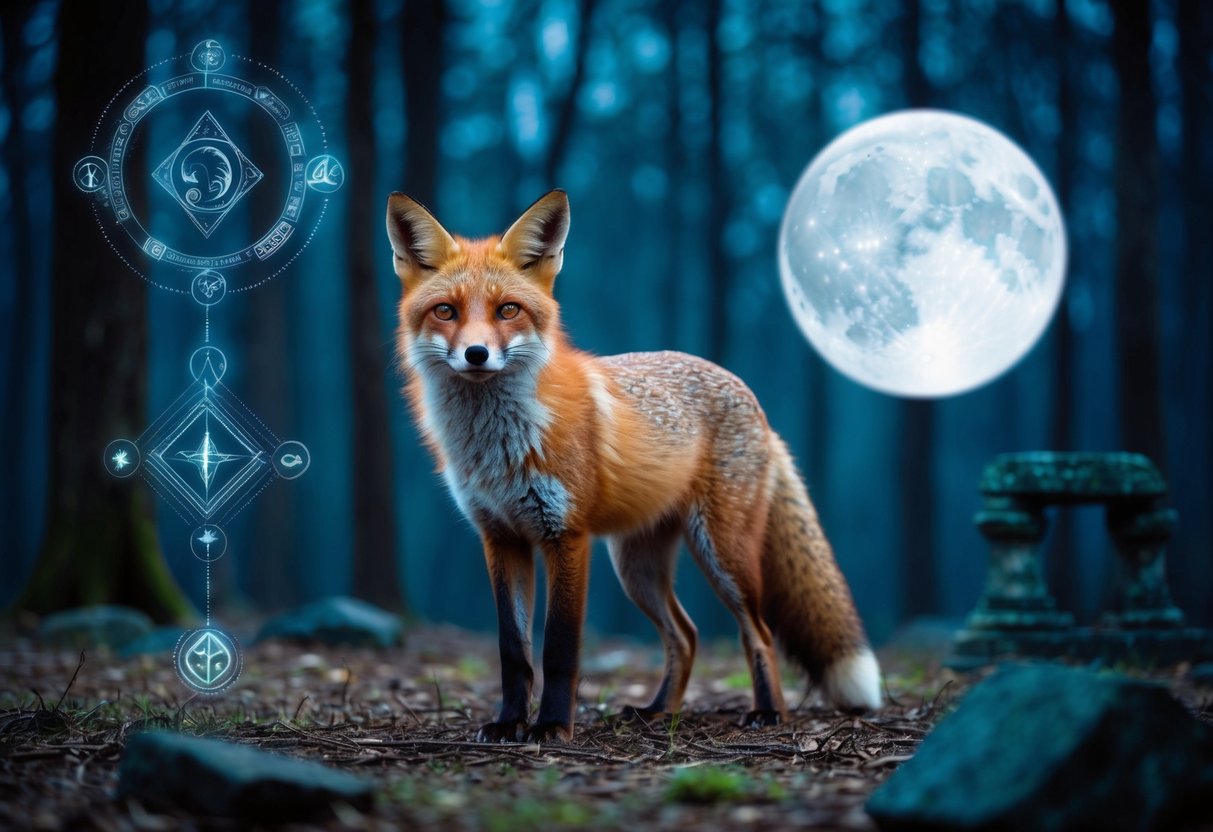 A fox standing in a moonlit forest, its eyes glowing with an ethereal light, surrounded by mystical symbols and ancient ruins