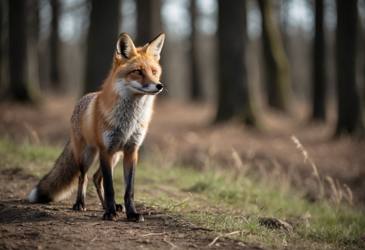 A fox stands confidently at the edge of a forest, gazing into the distance with a sense of wisdom and curiosity