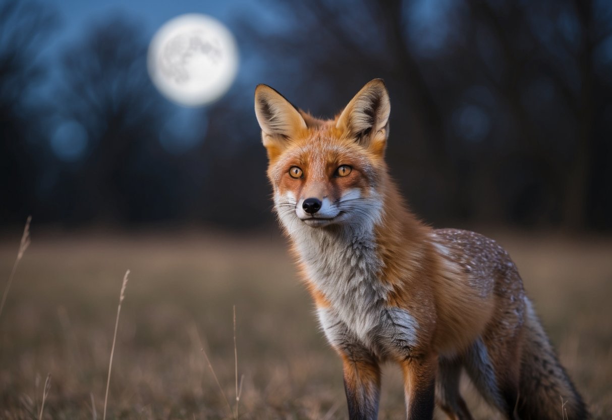A fox stands alert in a moonlit clearing, its eyes gleaming with mystery