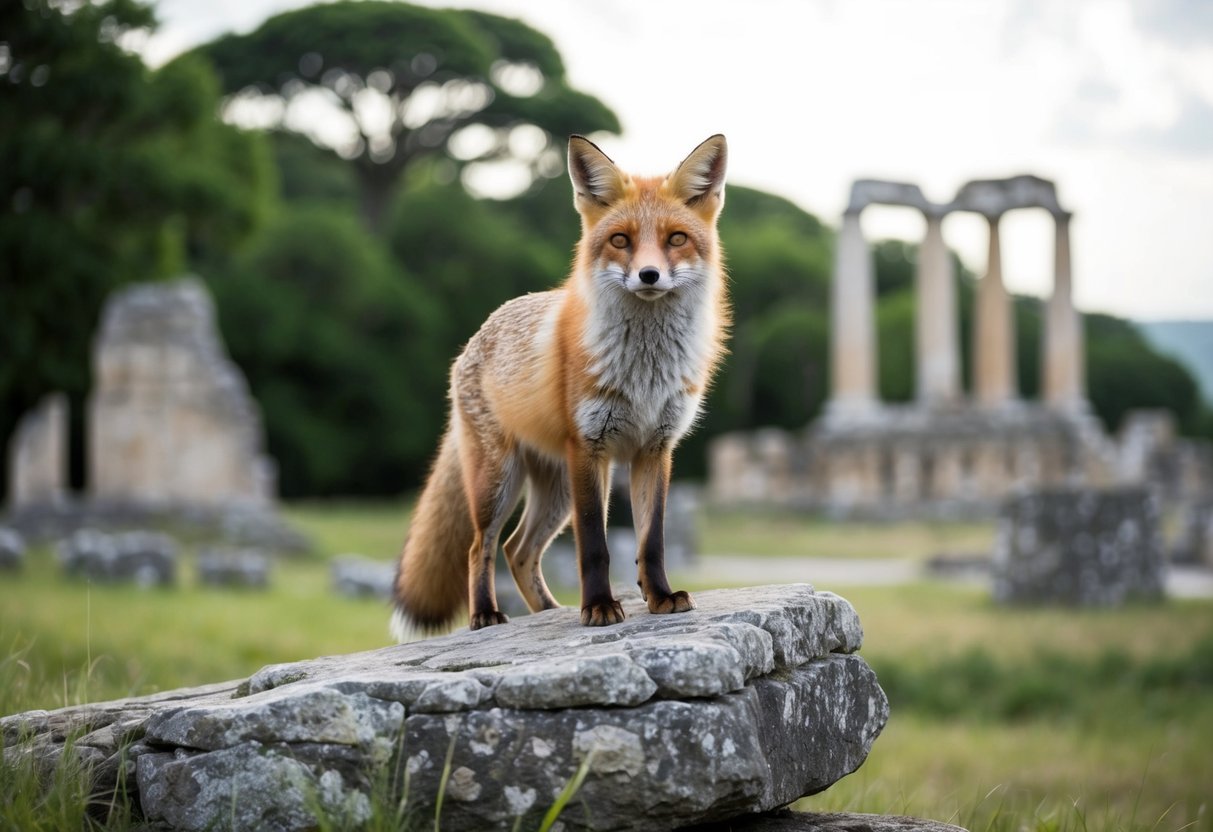 A fox standing proudly on a rocky outcrop, surrounded by lush greenery and ancient ruins, with a sense of mystery and wisdom in its eyes