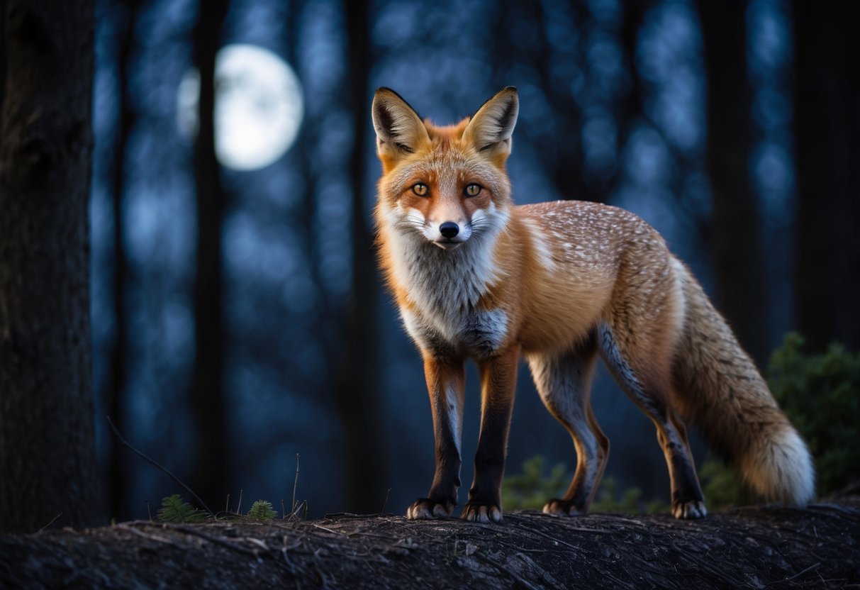 A fox stands at the edge of a dark forest, its eyes gleaming with intelligence. The moonlight casts a mysterious glow on its sleek fur