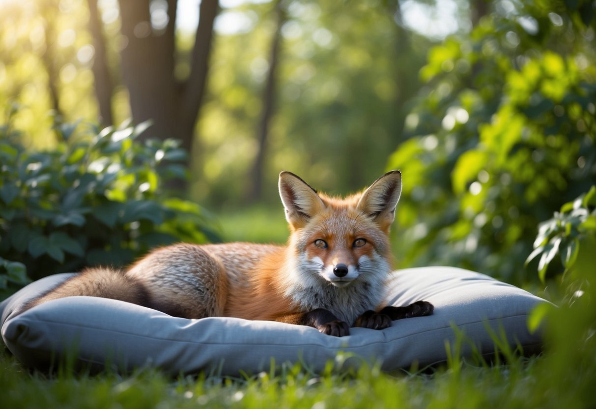 A fox lounges in a cozy den, surrounded by lush greenery and soft sunlight filtering through the trees