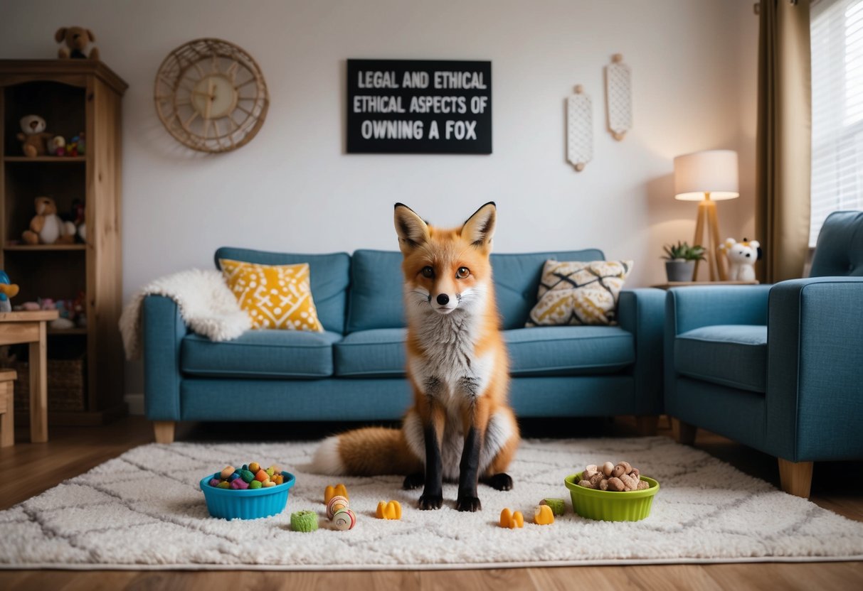 A fox sitting in a cozy, well-furnished living room, surrounded by toys and treats, with a sign reading "Legal and Ethical Aspects of Owning a Fox" on the wall