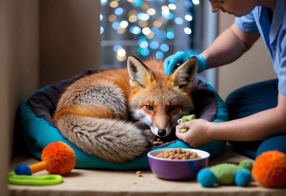 A fox curled up in a cozy den, surrounded by toys and a bowl of food, while a caretaker checks its health and grooming