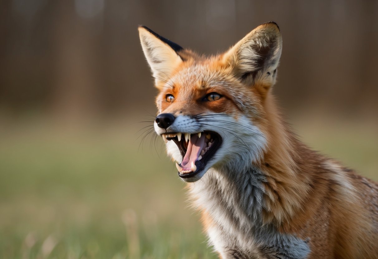 A fox bares its teeth and raises its hackles, ears flattened