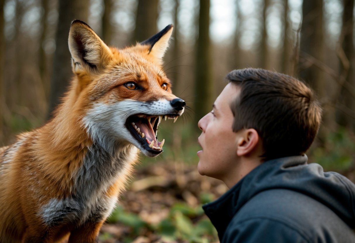 A fox bares its teeth and growls, ears pinned back, as it confronts a person in a wooded area