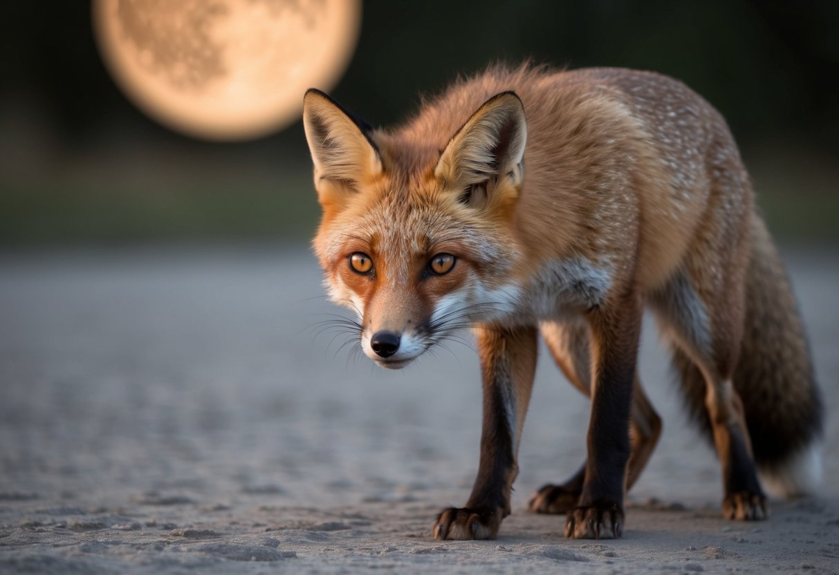 A fox approaches, its amber eyes meeting yours in the moonlight, a sense of curiosity and wisdom emanating from its sleek form