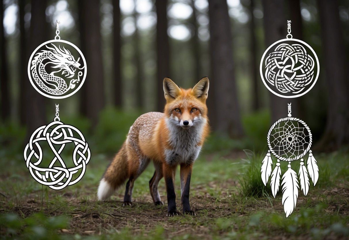 A fox standing in a forest clearing, surrounded by symbols of different cultures: a Chinese dragon, a Celtic knot, and a Native American dreamcatcher
